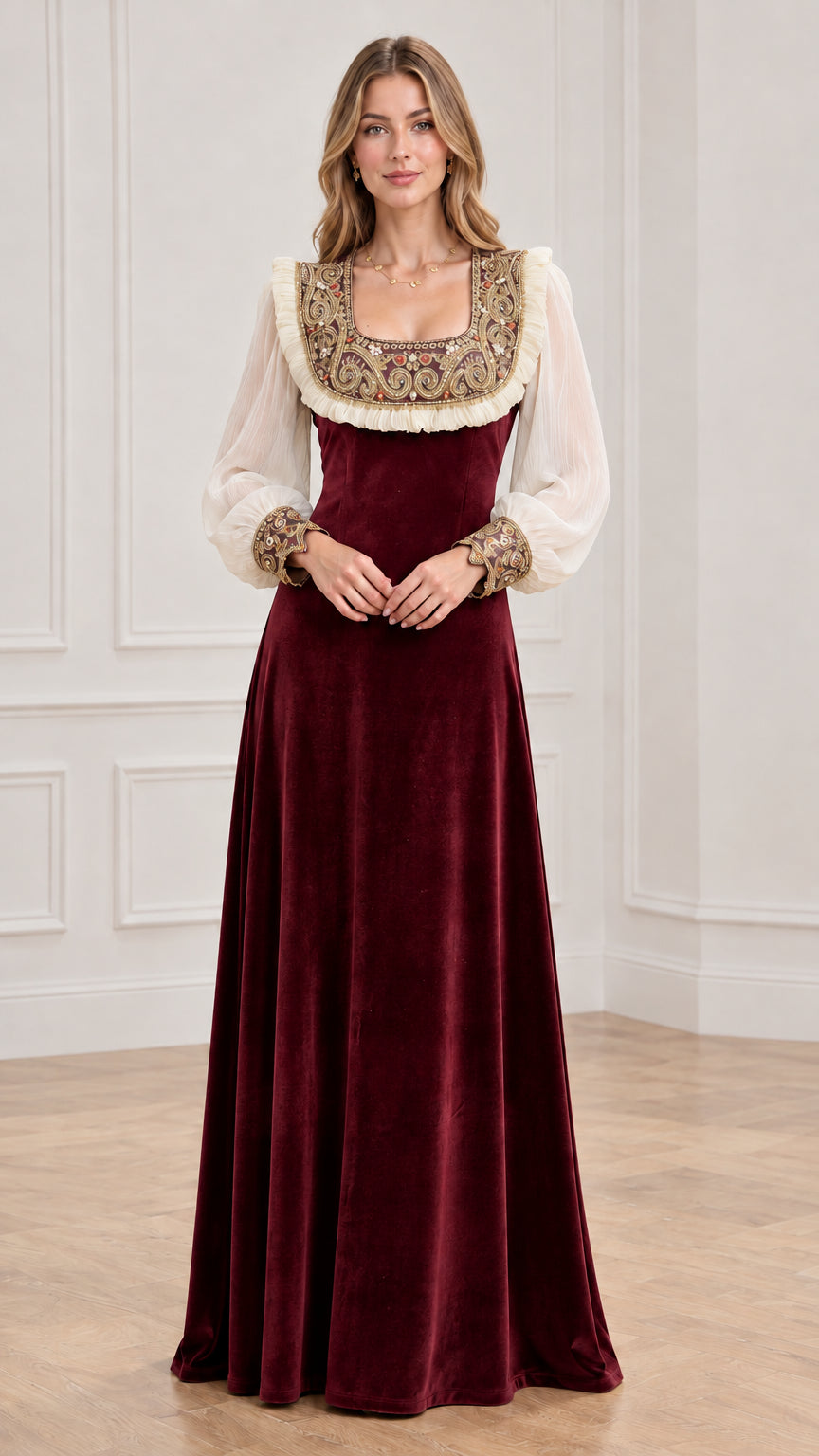 Model wearing burgundy velvet renaissance maxi dress with ornate neckline