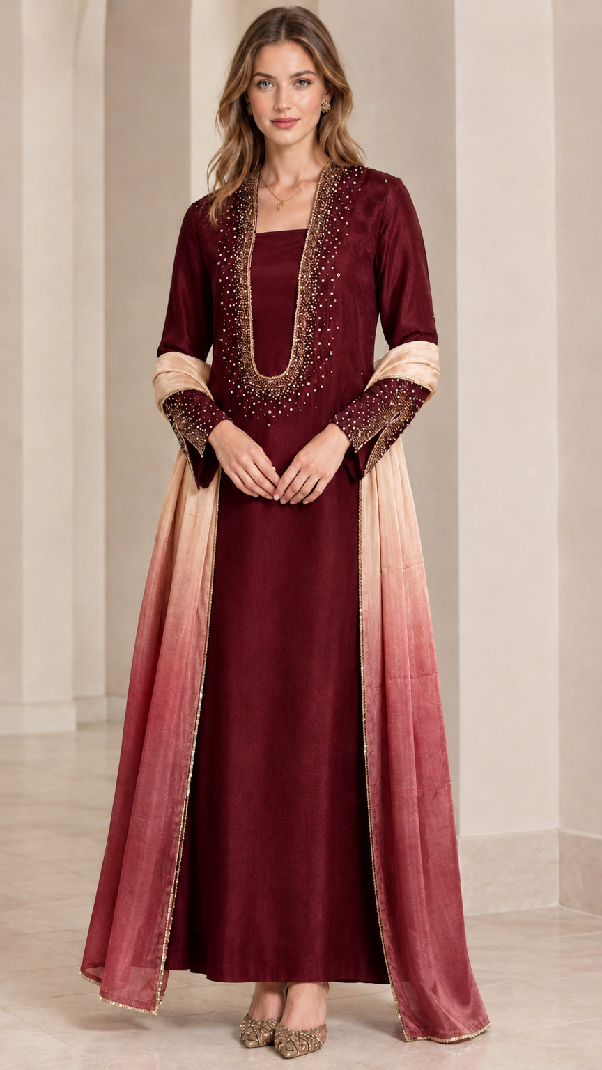 Burgundy wine red embellished maxi dress paired with ombre scarf