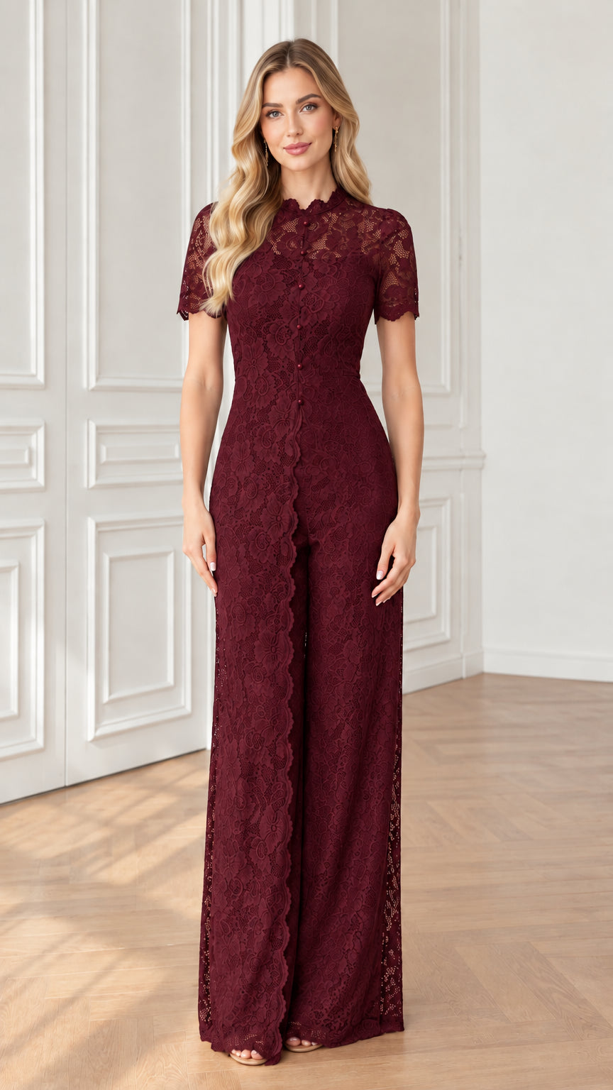 Full front view of Burgundy wine lace wide-leg formal jumpsuit