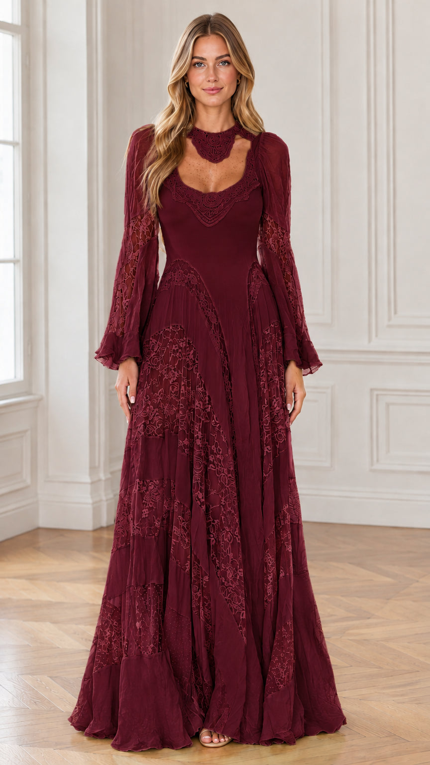 Front view of burgundy wine lace collar flared sleeve maxi gown