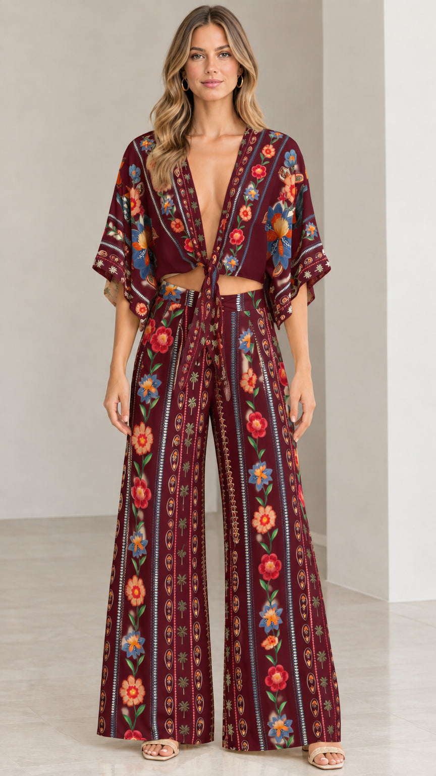 Model wearing burgundy wine floral print tie-front kimono top and palazzo pants set