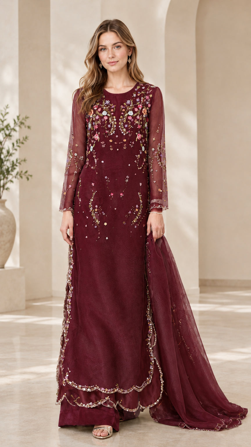 Full length maroon floral embroidered long tunic suit set