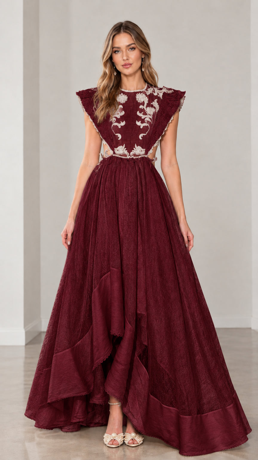 Burgundy wine red embroidered illusion bodice formal evening gown