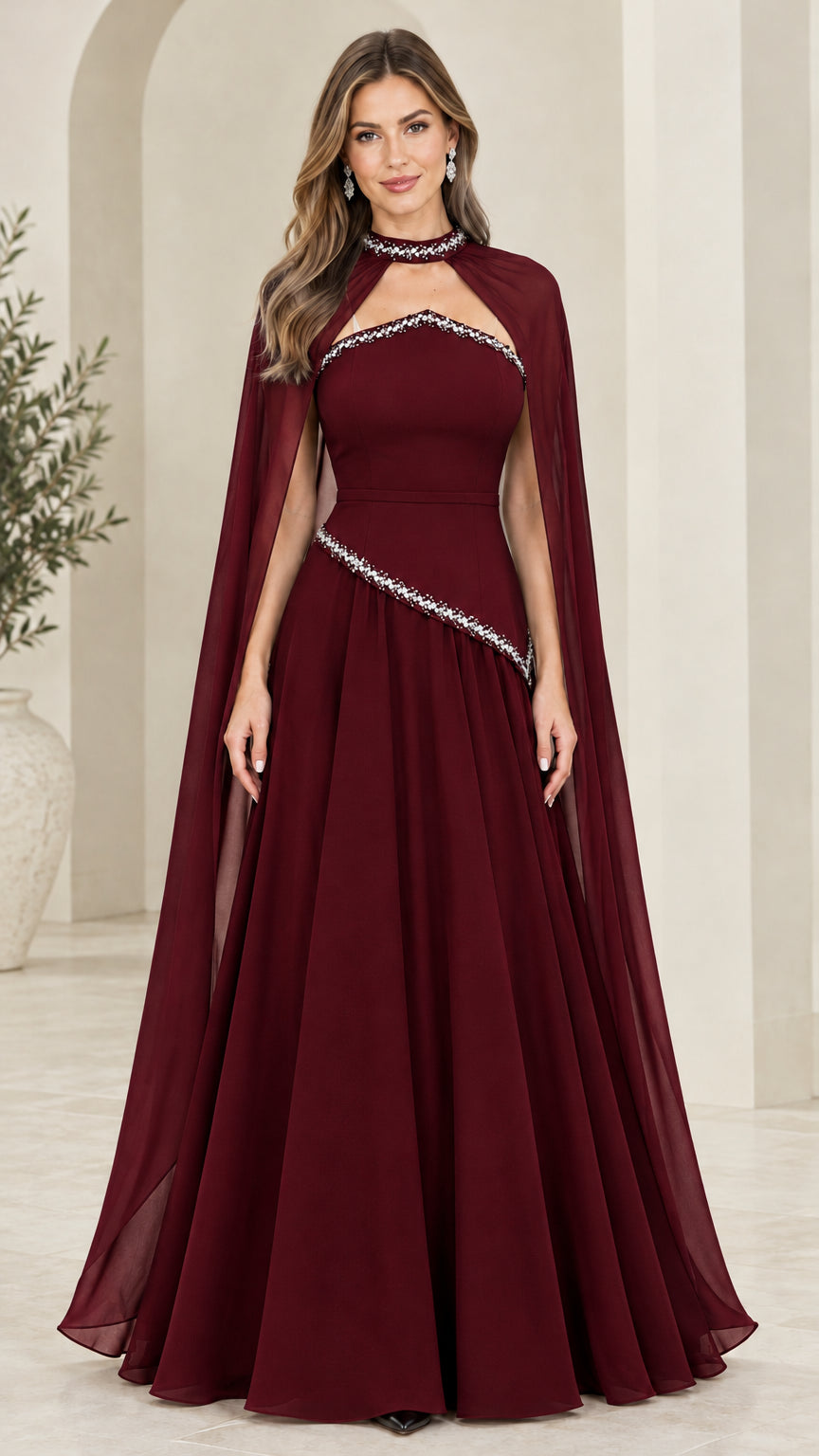 Front full-length view of burgundy red rhinestone embellished cape evening gown