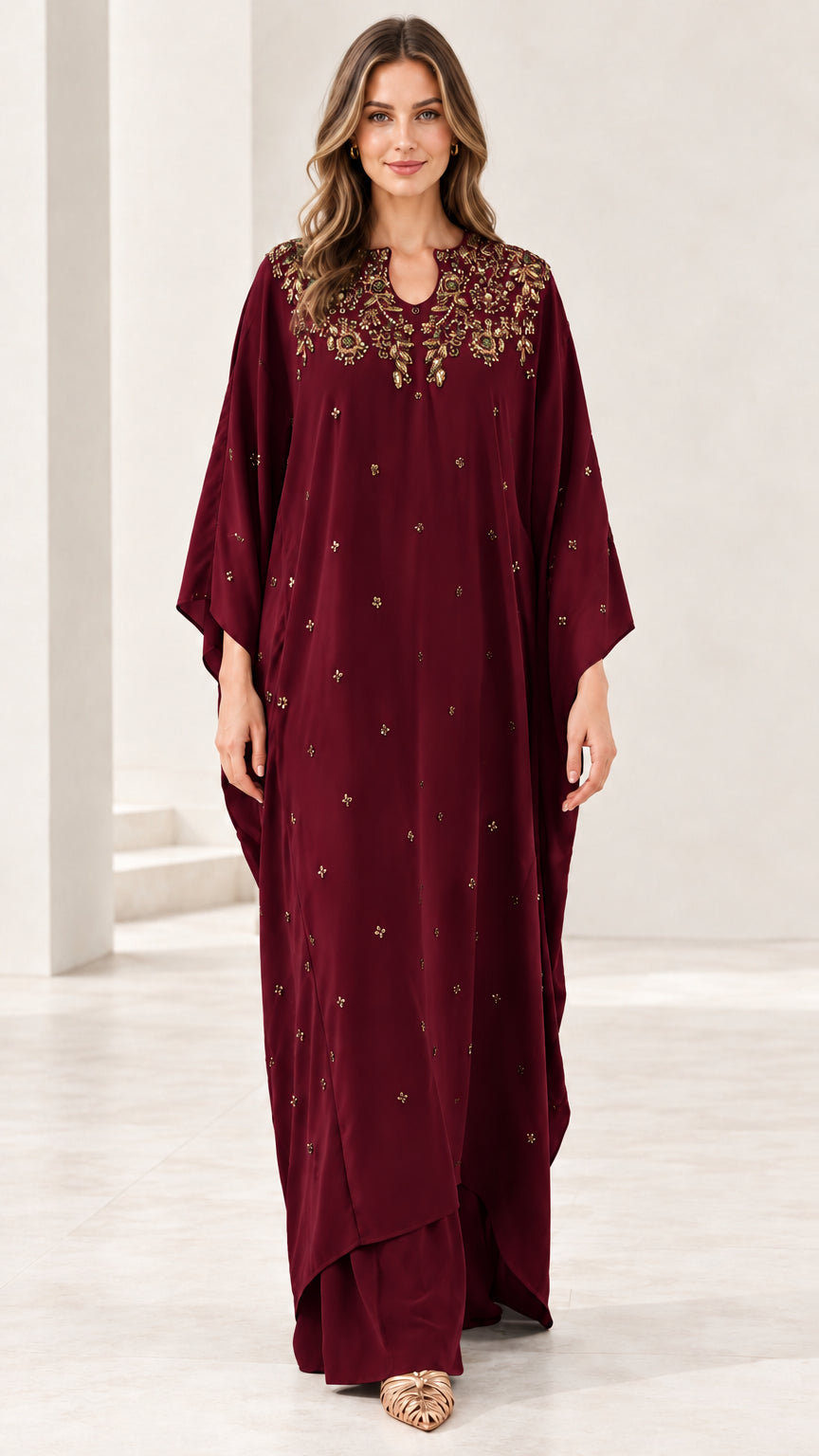 Front view of burgundy wine embroidered beaded kaftan maxi dress