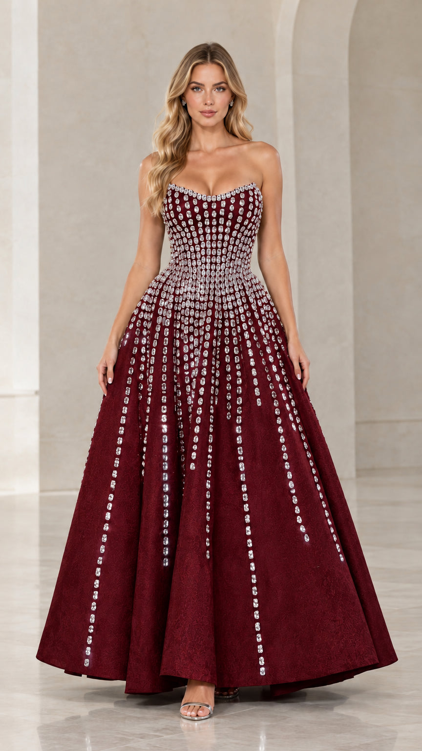 Full-length front view of burgundy wine strapless crystal embellished evening gown
