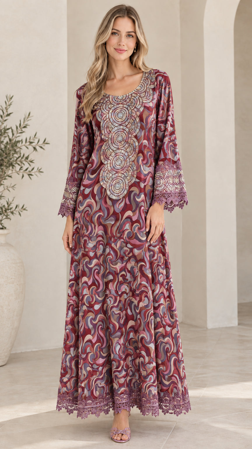 Full-length view of burgundy swirl print embellished maxi dress