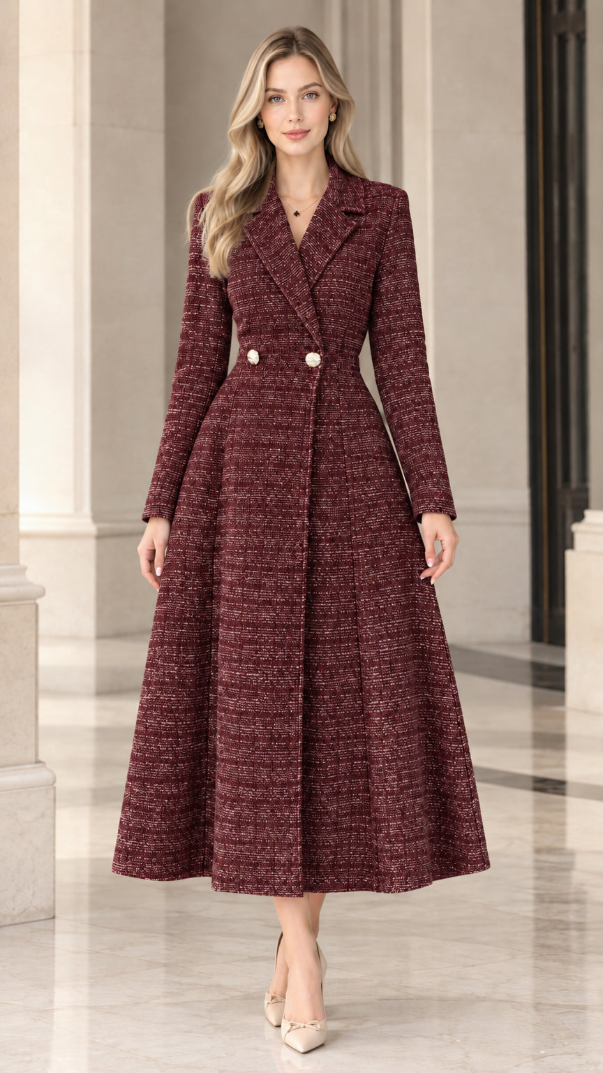 Burgundy red double-breasted flared tweed coat dress on model