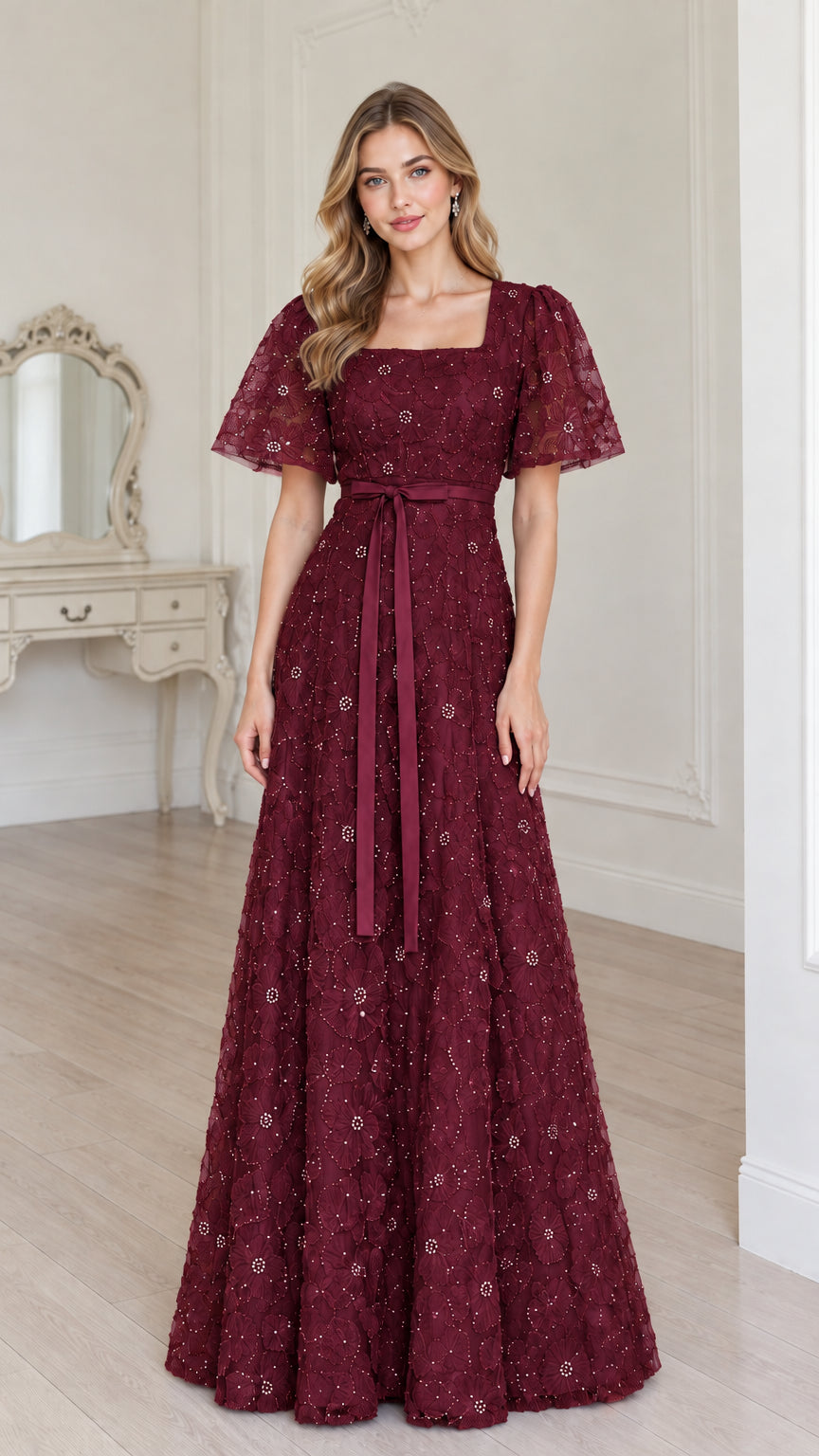 Full-length burgundy wine lace evening maxi dress with ribbon sash