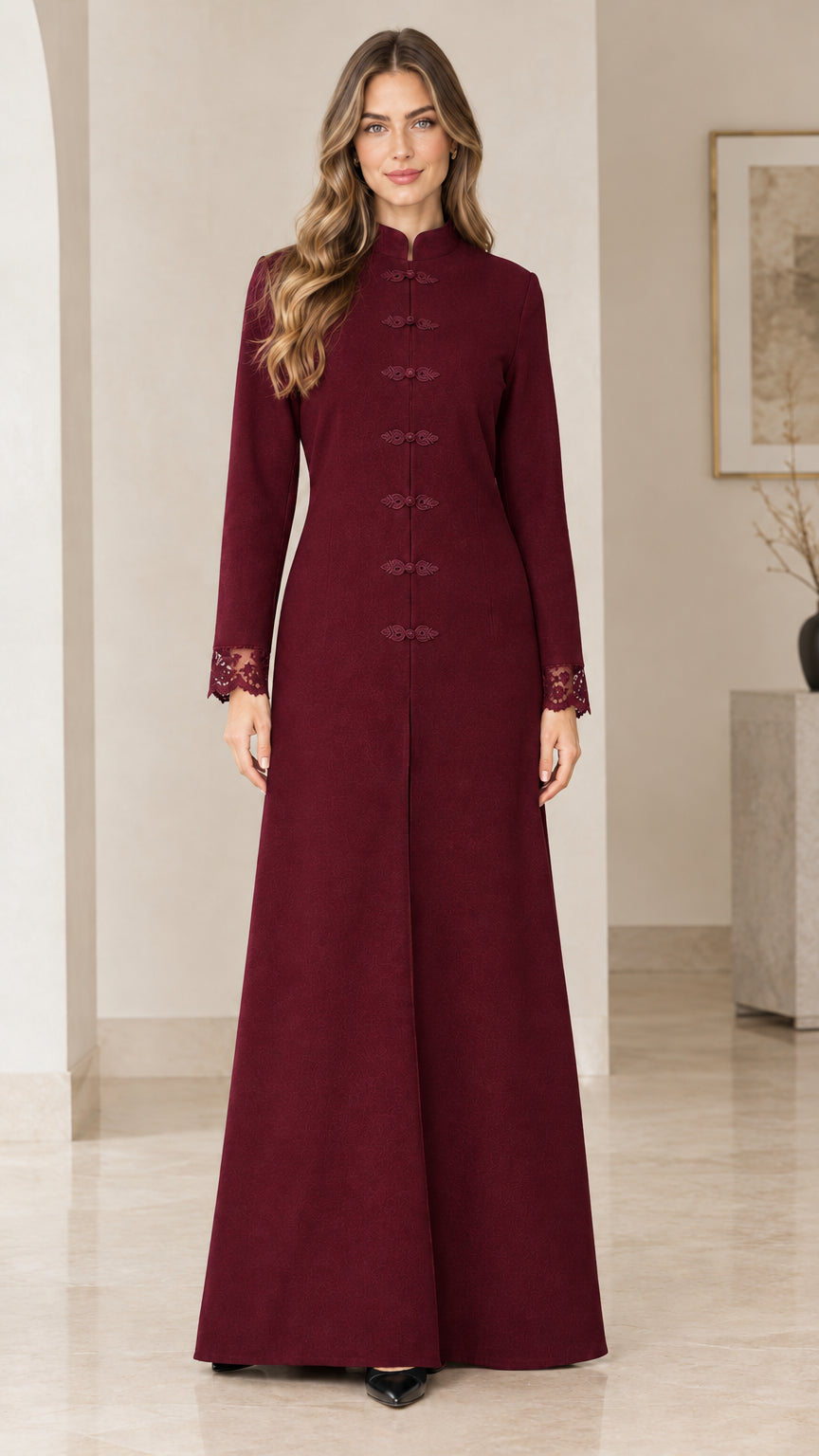 Burgundy wine red Mandarin collar formal gown with knot buttons