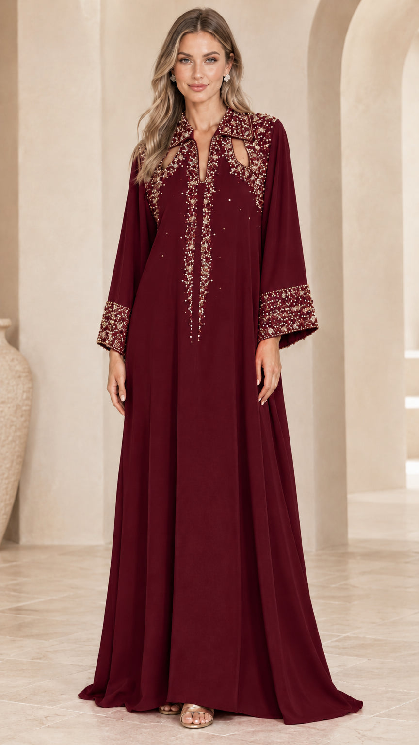 Front view of woman wearing burgundy wine beaded cutout kaftan maxi dress
