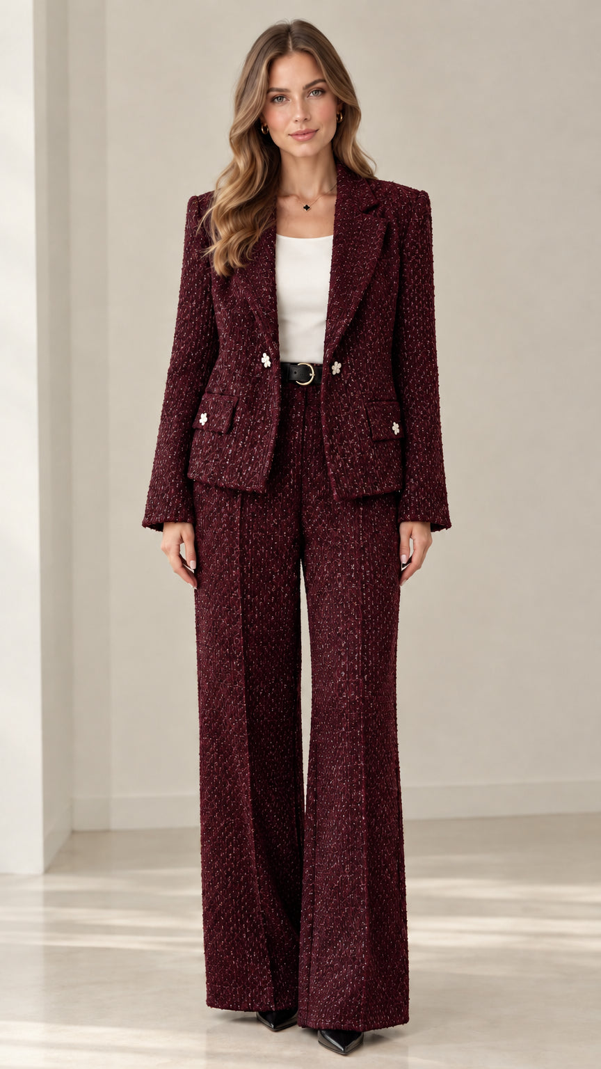 Front view of woman wearing burgundy textured tweed two-piece pant suit
