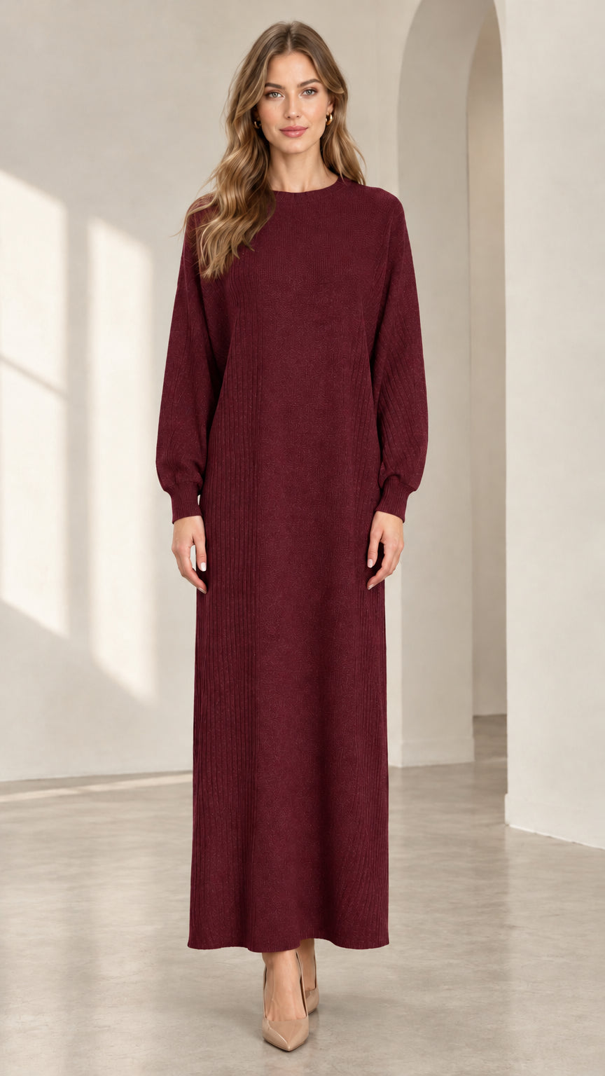 Front view of woman wearing burgundy wine red textured knit long sleeve maxi dress