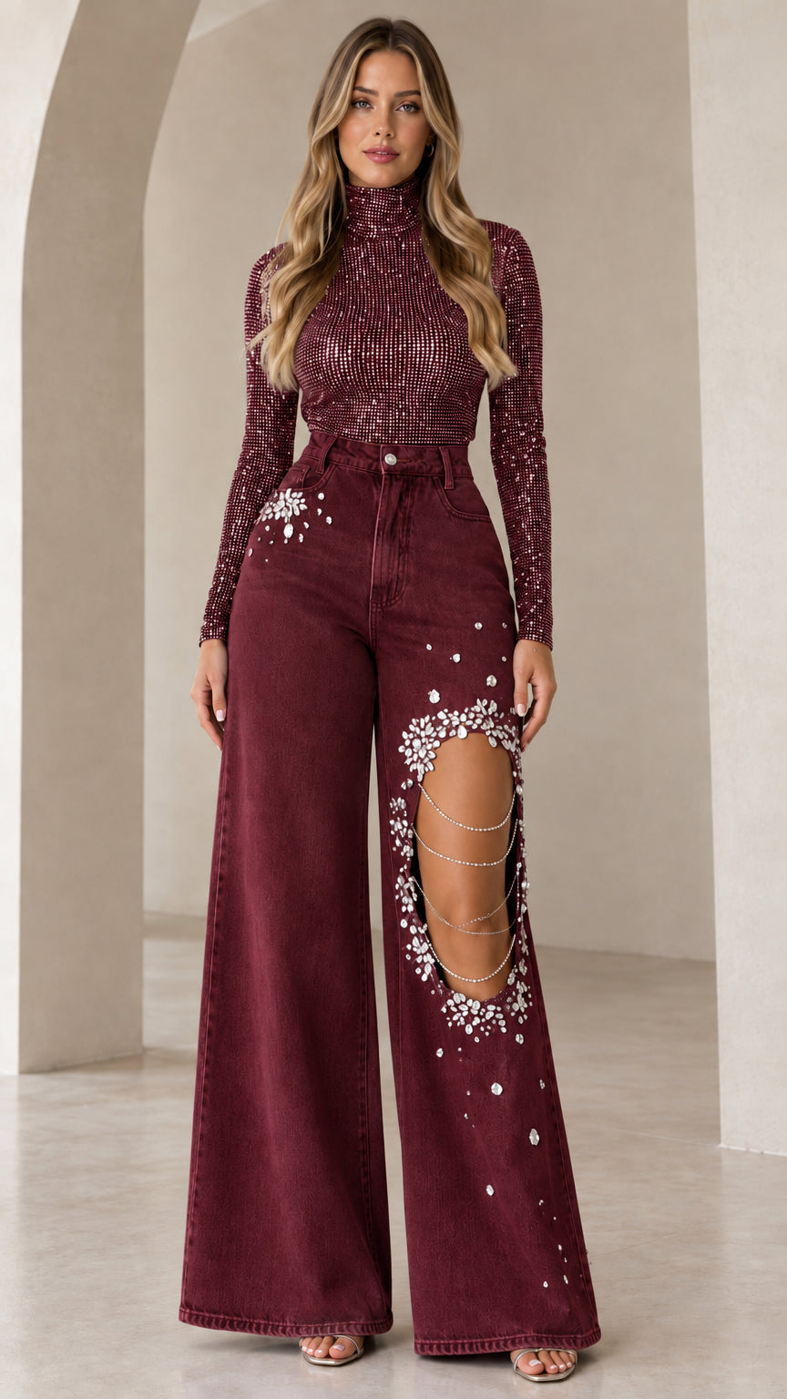 Burgundy matching wide-leg embellished jeans and shimmer mock neck top set