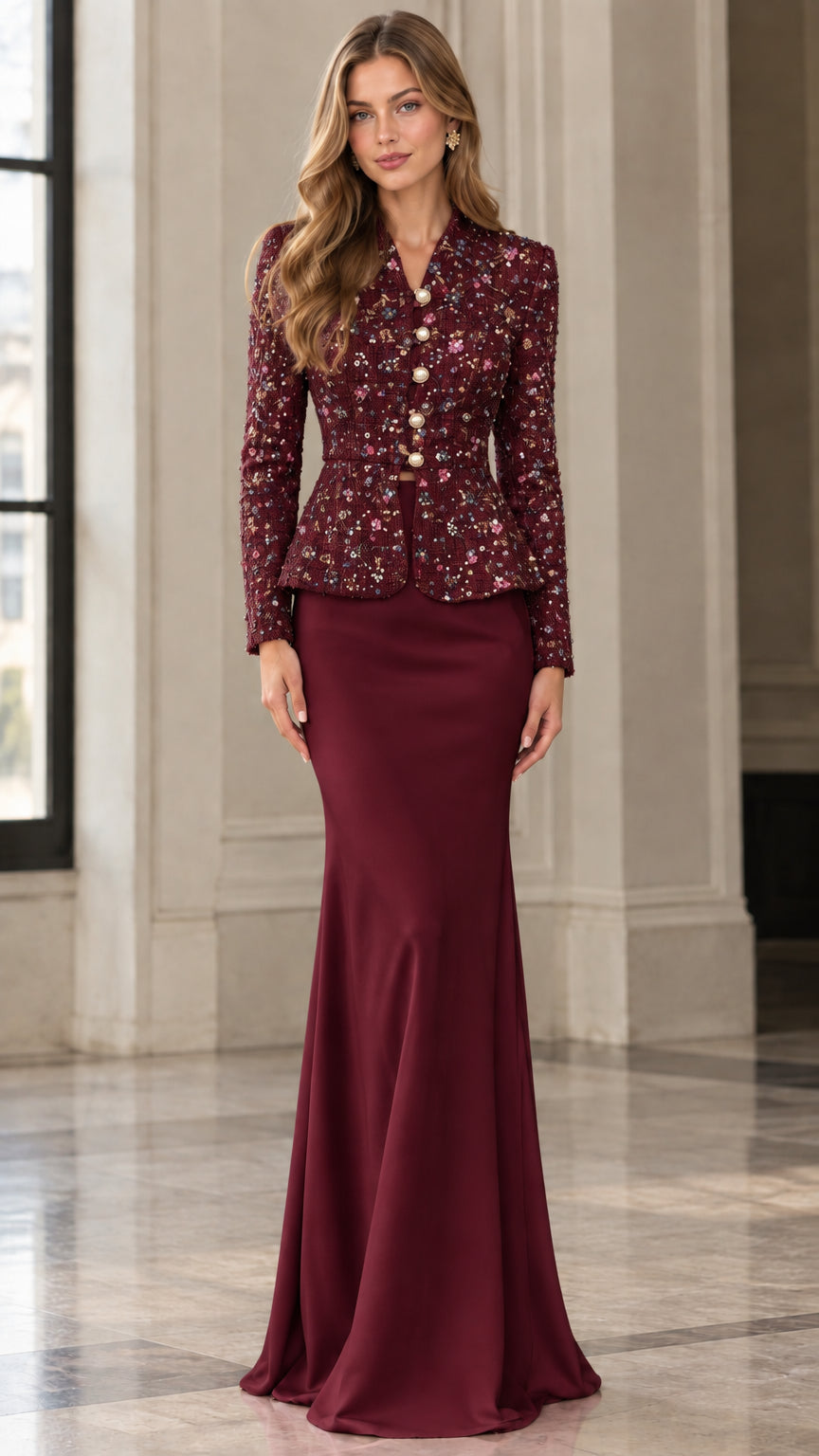 Full-length front view of burgundy wine red embellished tweed peplum jacket and skirt set
