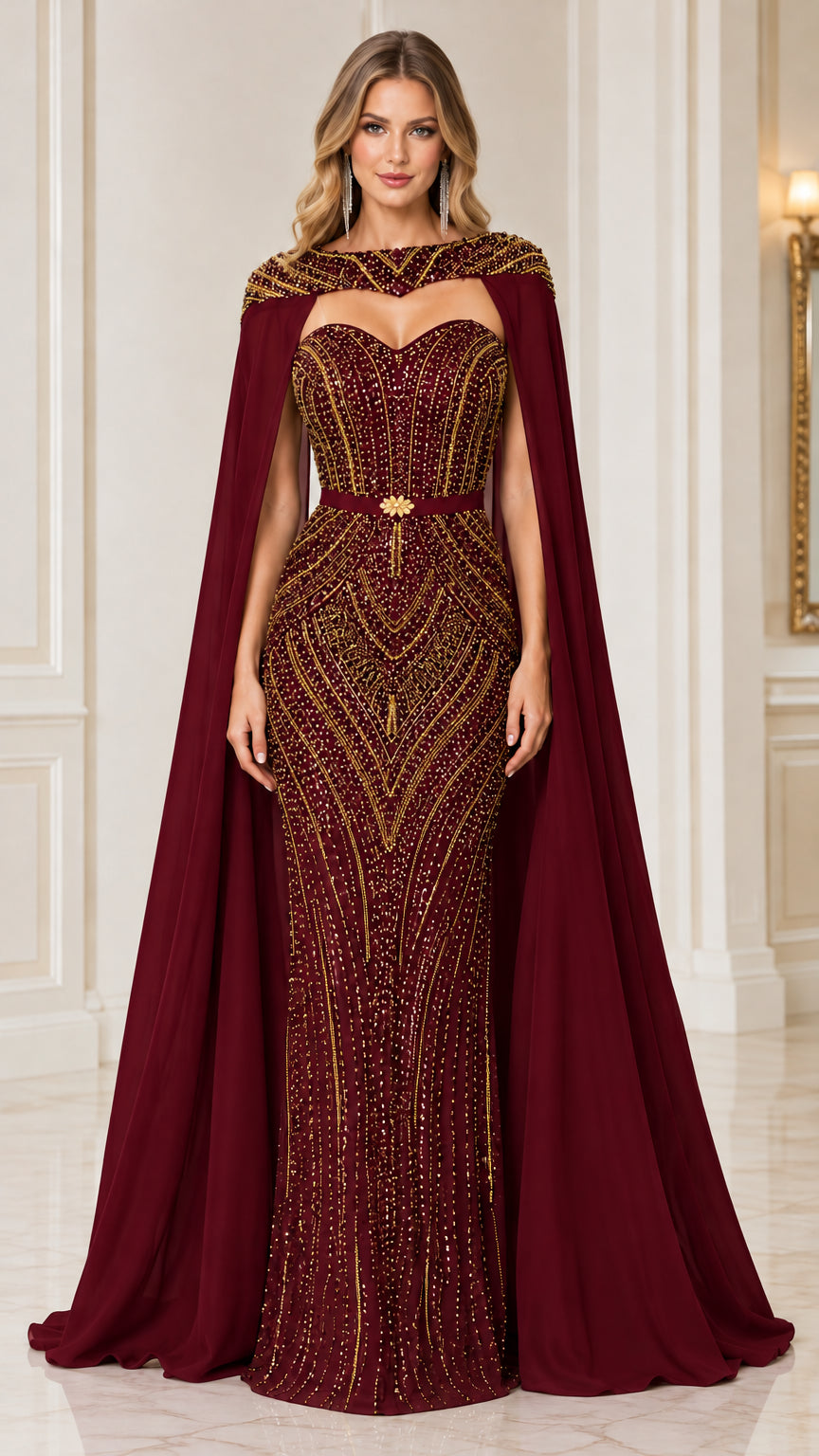Burgundy wine red embellished formal cape gown