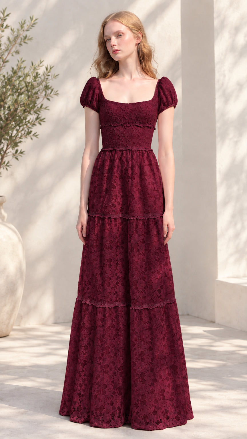 Front view of burgundy floral lace tiered puff sleeve maxi dress