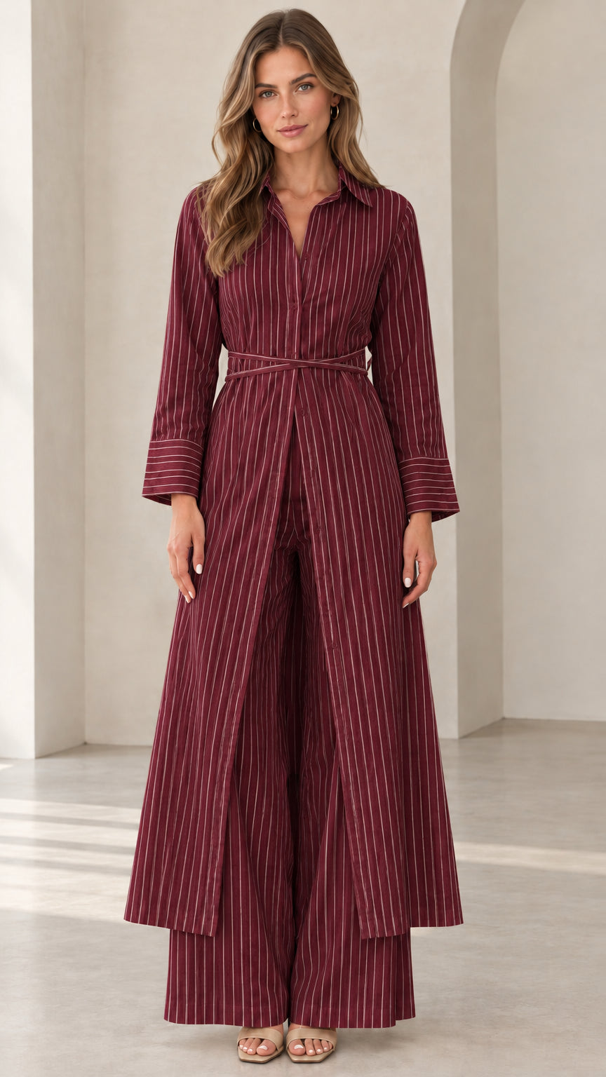 Woman wearing Burgundy pinstripe longline tunic and wide-leg pant two-piece set