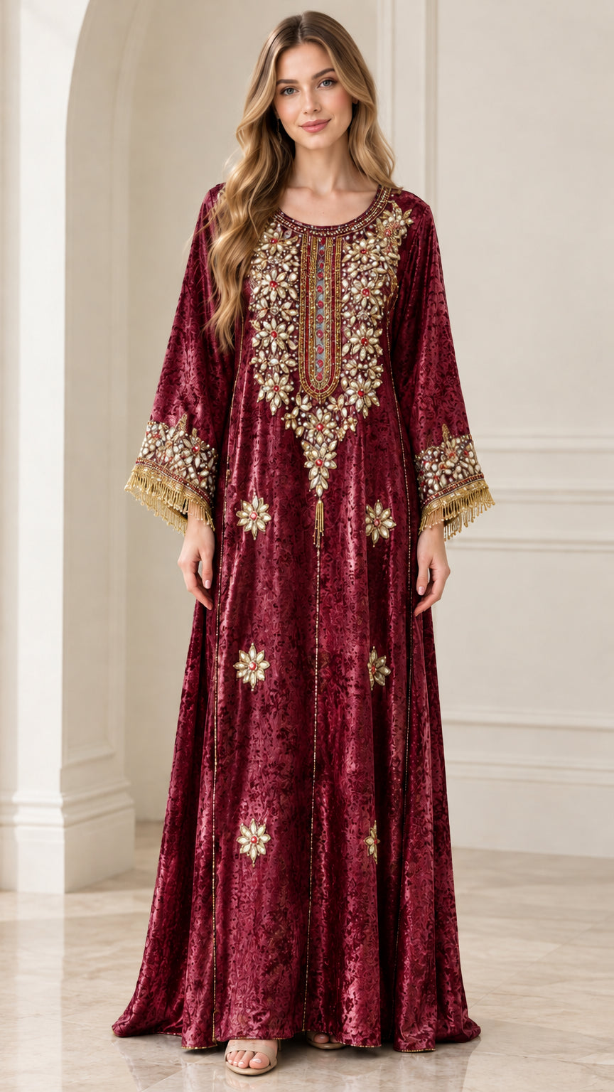 Front view of burgundy red jeweled crushed velvet kaftan maxi dress