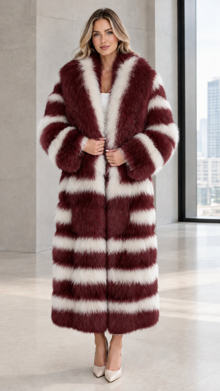 Front view of woman wearing burgundy wine striped maxi faux fur coat