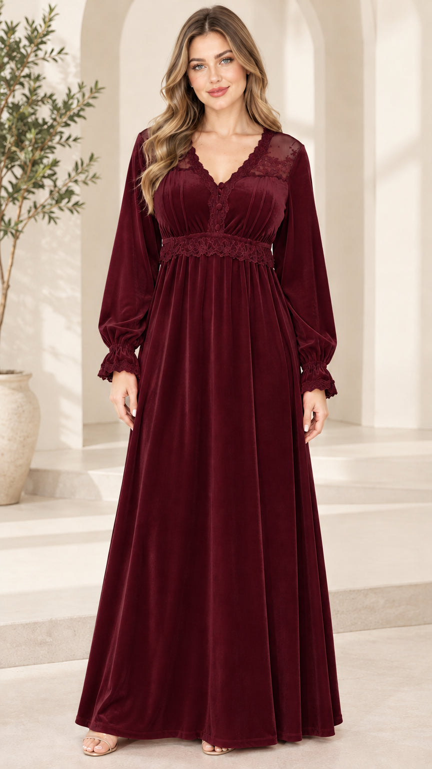 Front view of woman wearing Burgundy lace trim velvet maxi dress