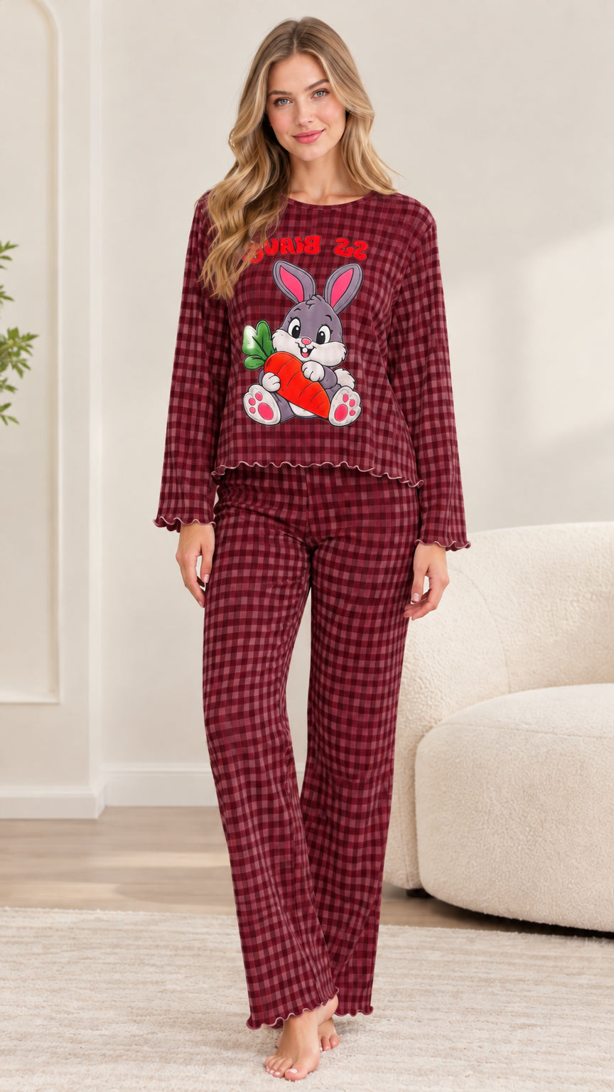 Front view of woman wearing burgundy red gingham bunny pajama set