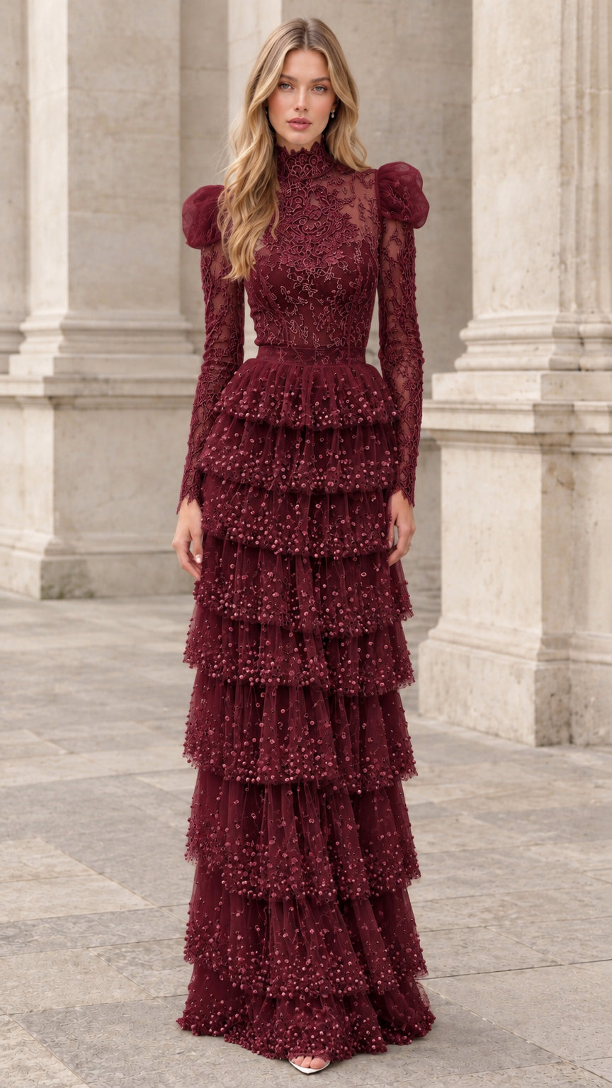Front view of model wearing burgundy wine high-neck tiered lace evening dress
