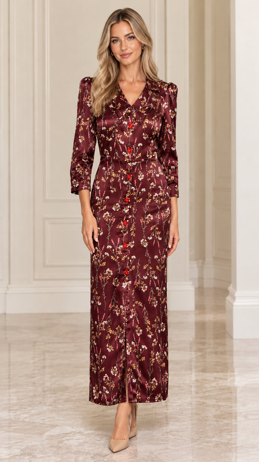 Front view of model wearing Burgundy floral satin lapel maxi dress