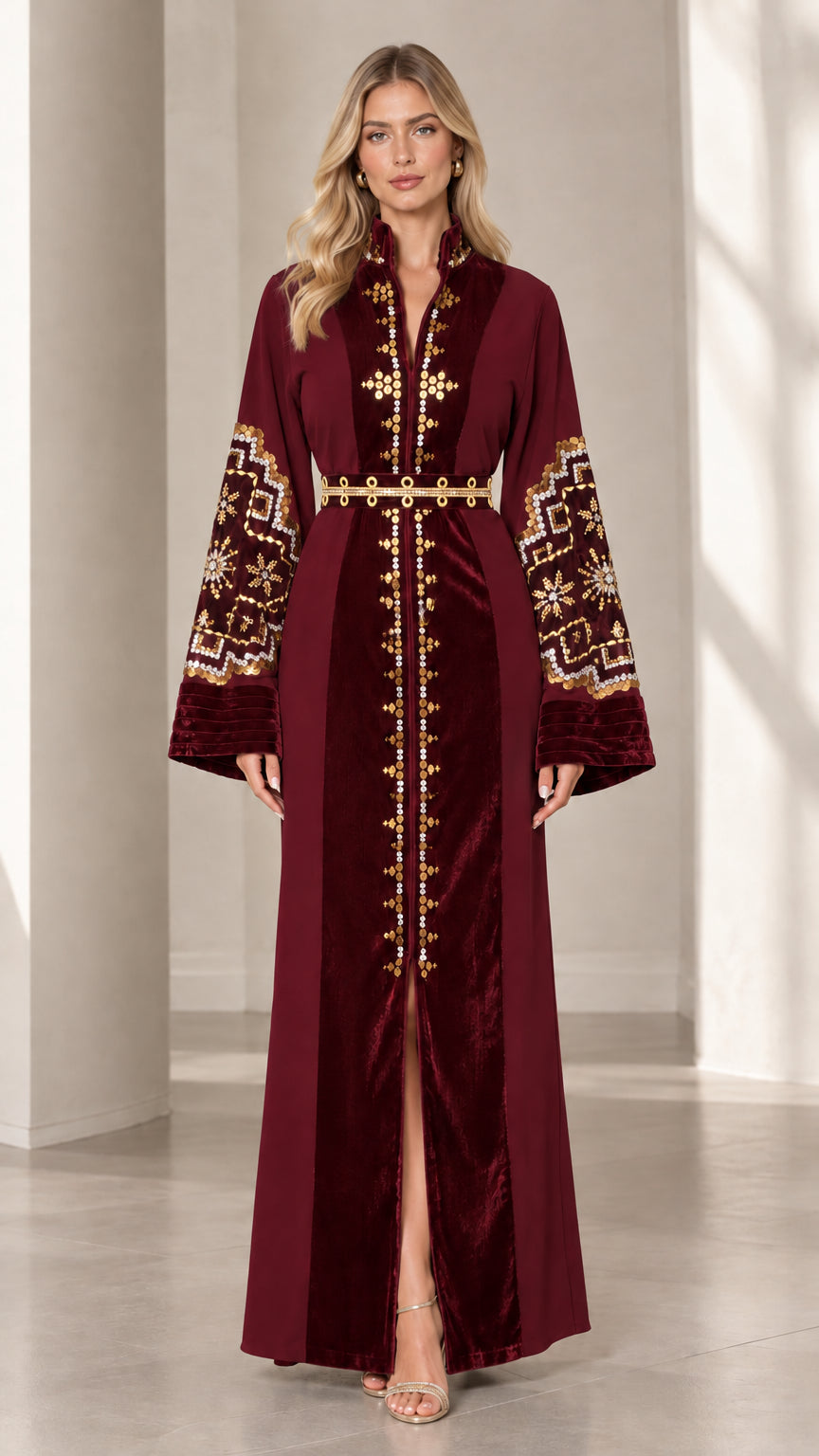 Front view of woman wearing burgundy velvet trim embroidered kaftan maxi dress with gold belt