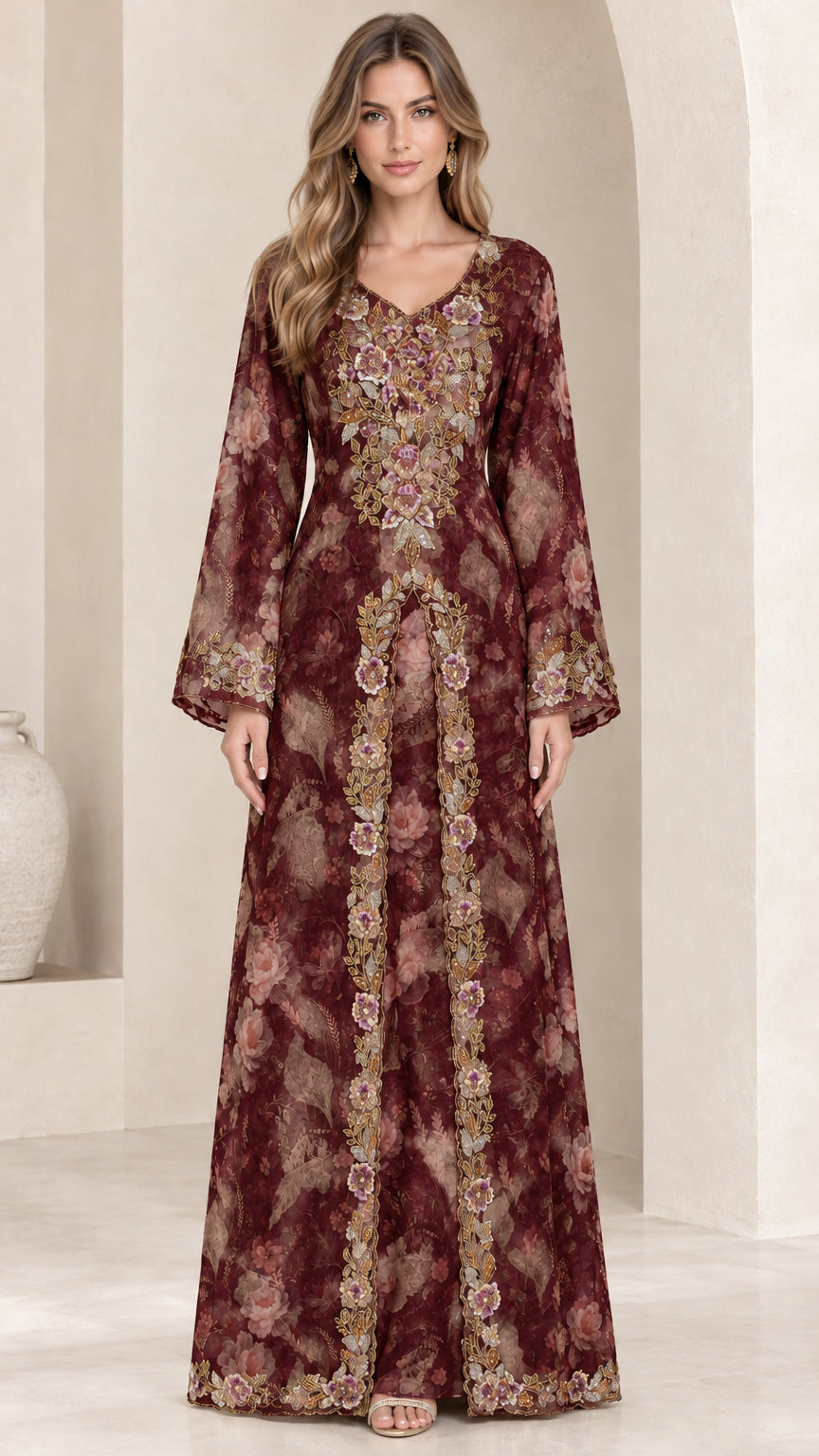Front view of burgundy floral embroidered bell sleeve maxi dress