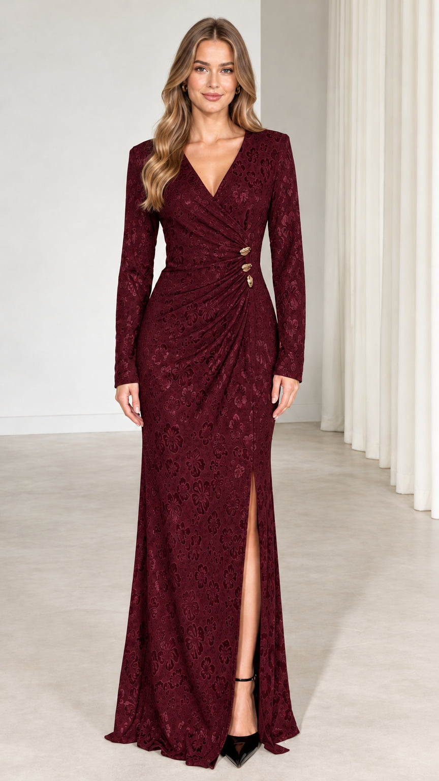 Burgundy long sleeve textured jacquard evening dress with v-neck and waist ruching