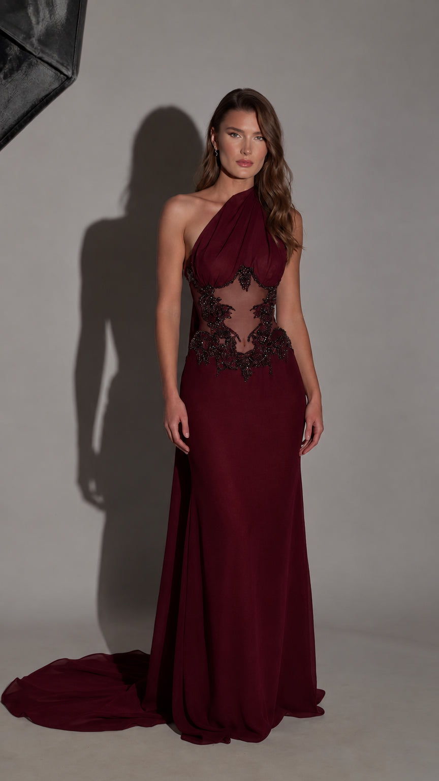 Front view of burgundy wine one-shoulder formal dress with beaded illusion waist