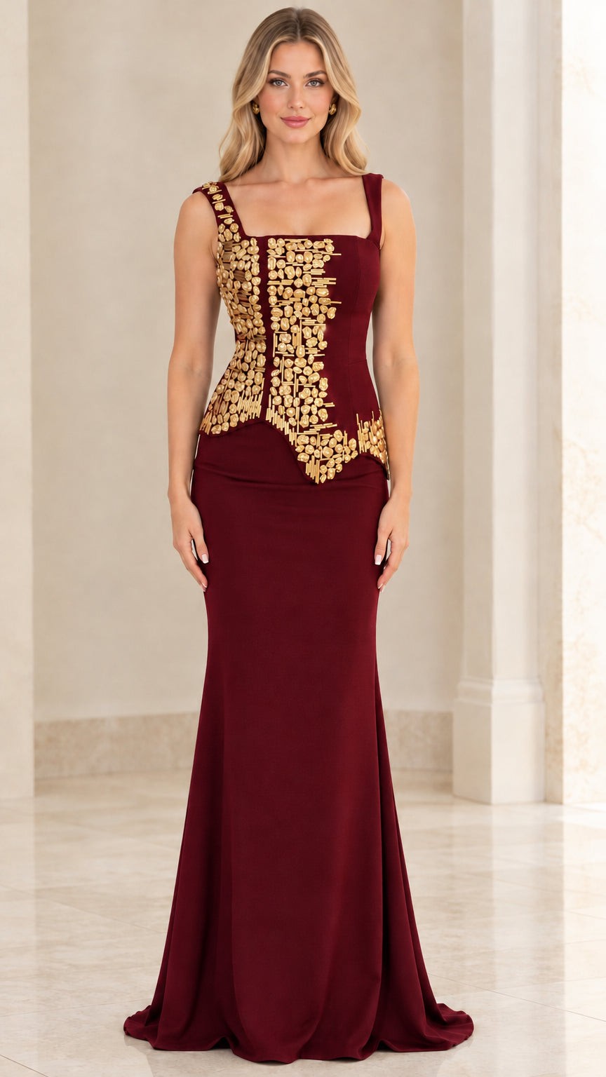 Burgundy wine square neck mermaid evening gown with gold beaded bodice detail