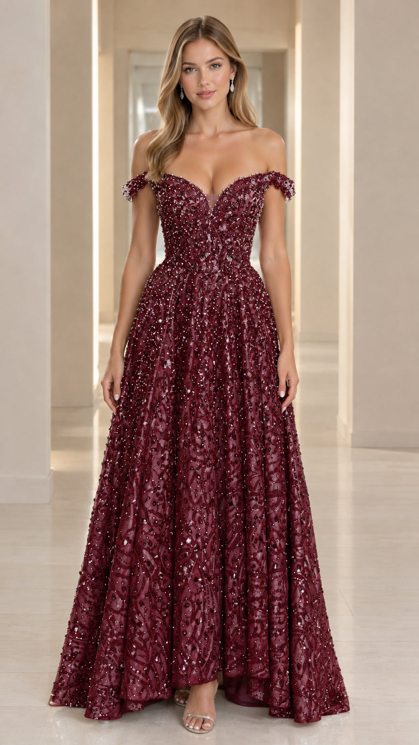 Model wearing burgundy off-the-shoulder sequin formal dress