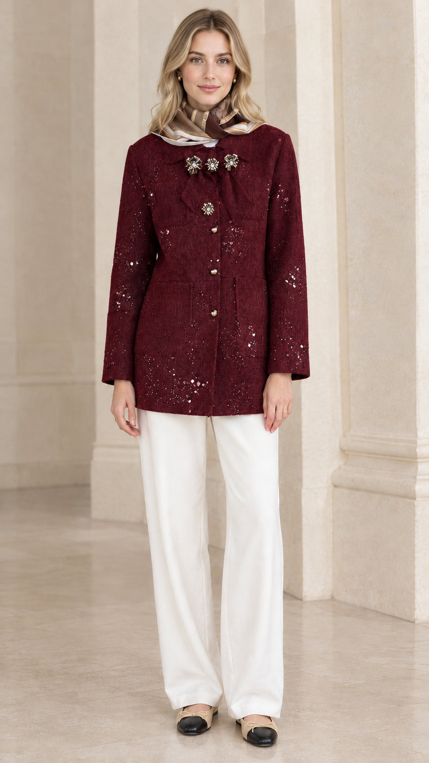 Full front view of model wearing burgundy sequin embellished tweed jacket