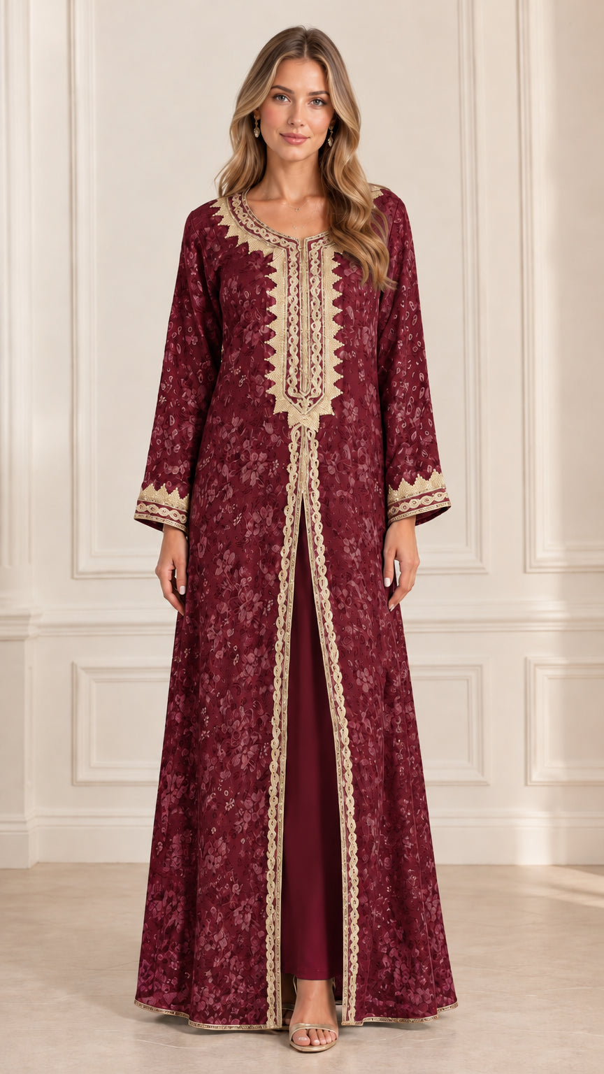 Front view of woman wearing burgundy floral jacquard embroidered layered kaftan dress