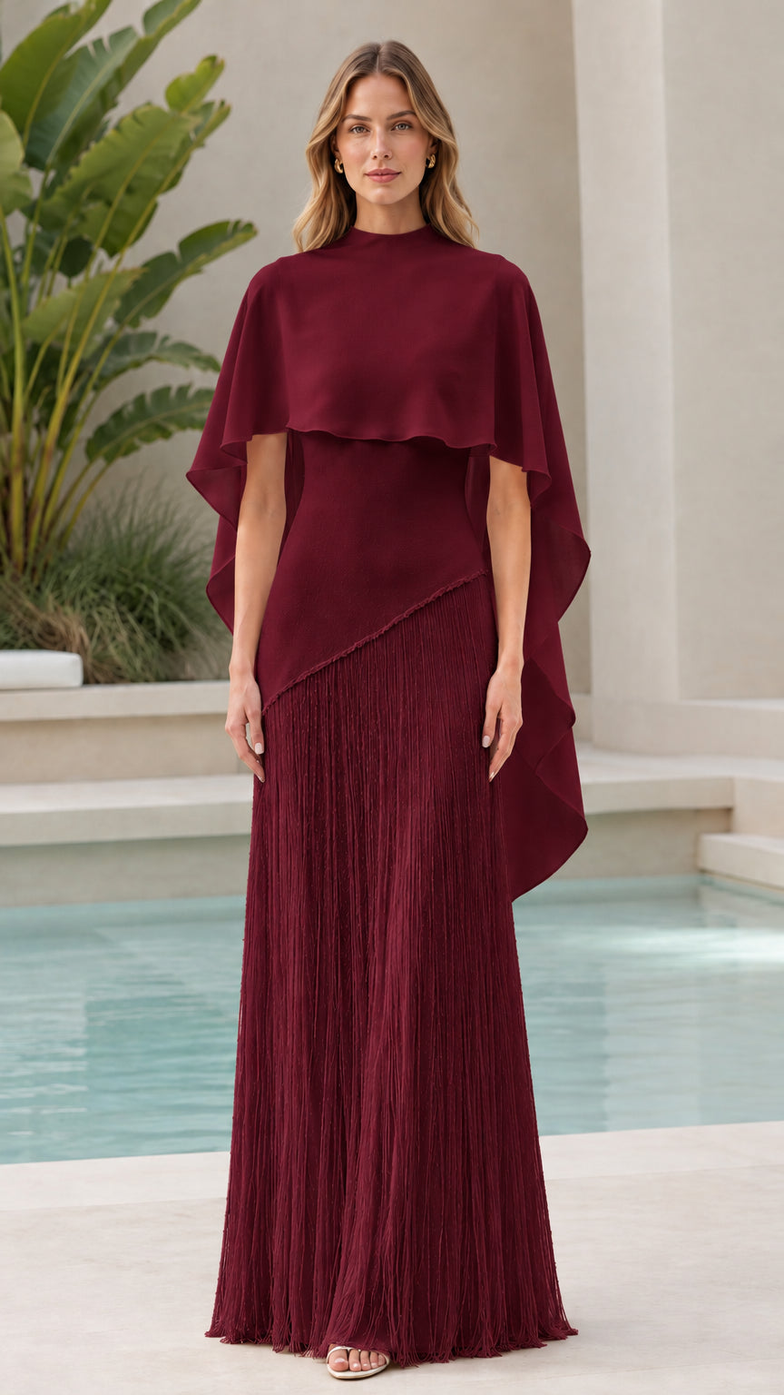 Burgundy wine red capelet pleated formal evening gown