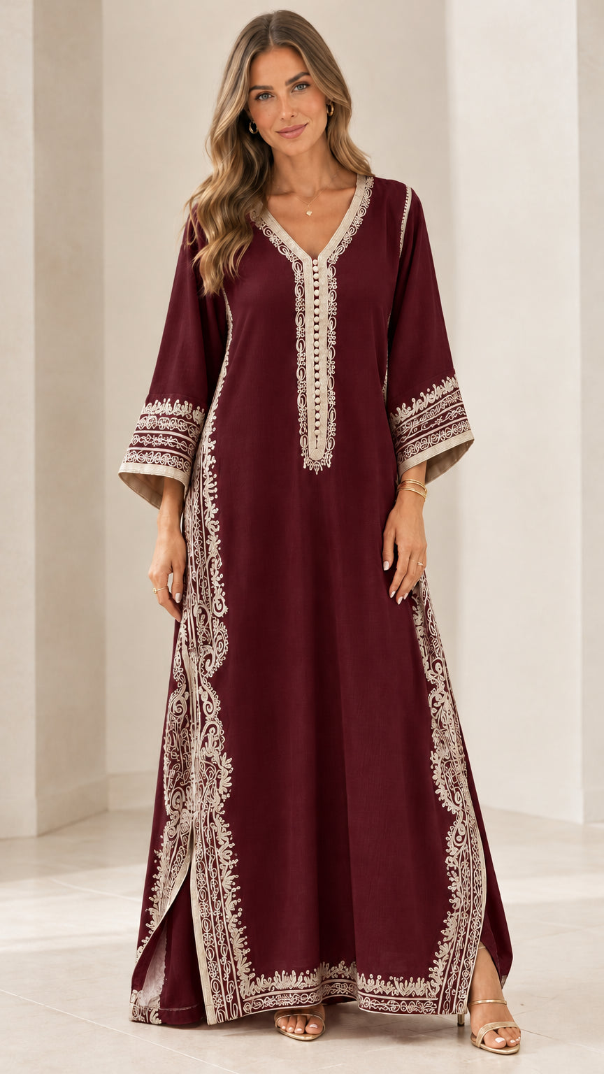 Full-length front view of burgundy maroon embroidered kaftan maxi dress