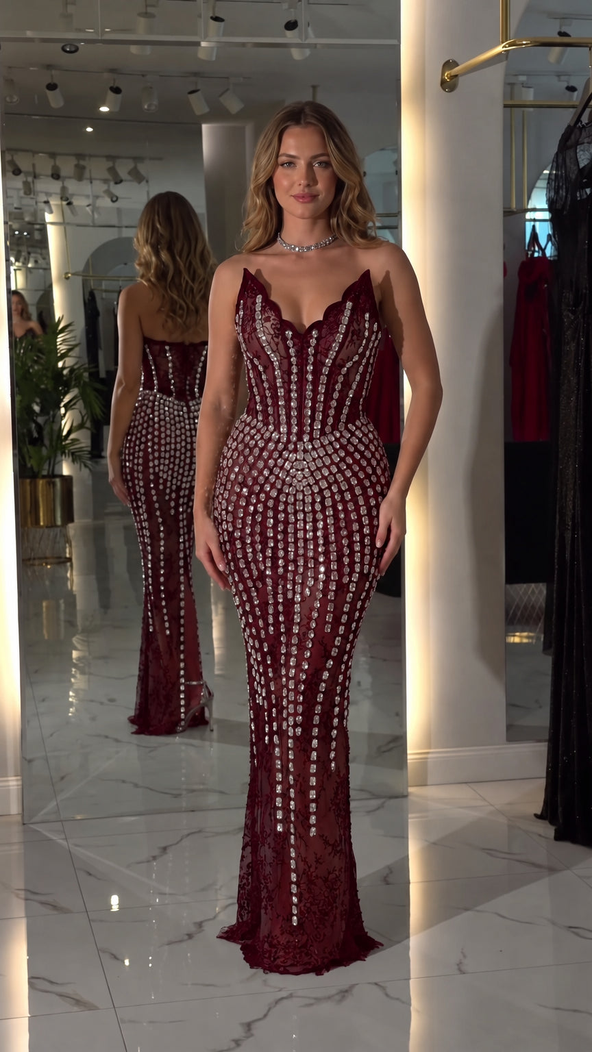 Burgundy embellished corset evening gown front view