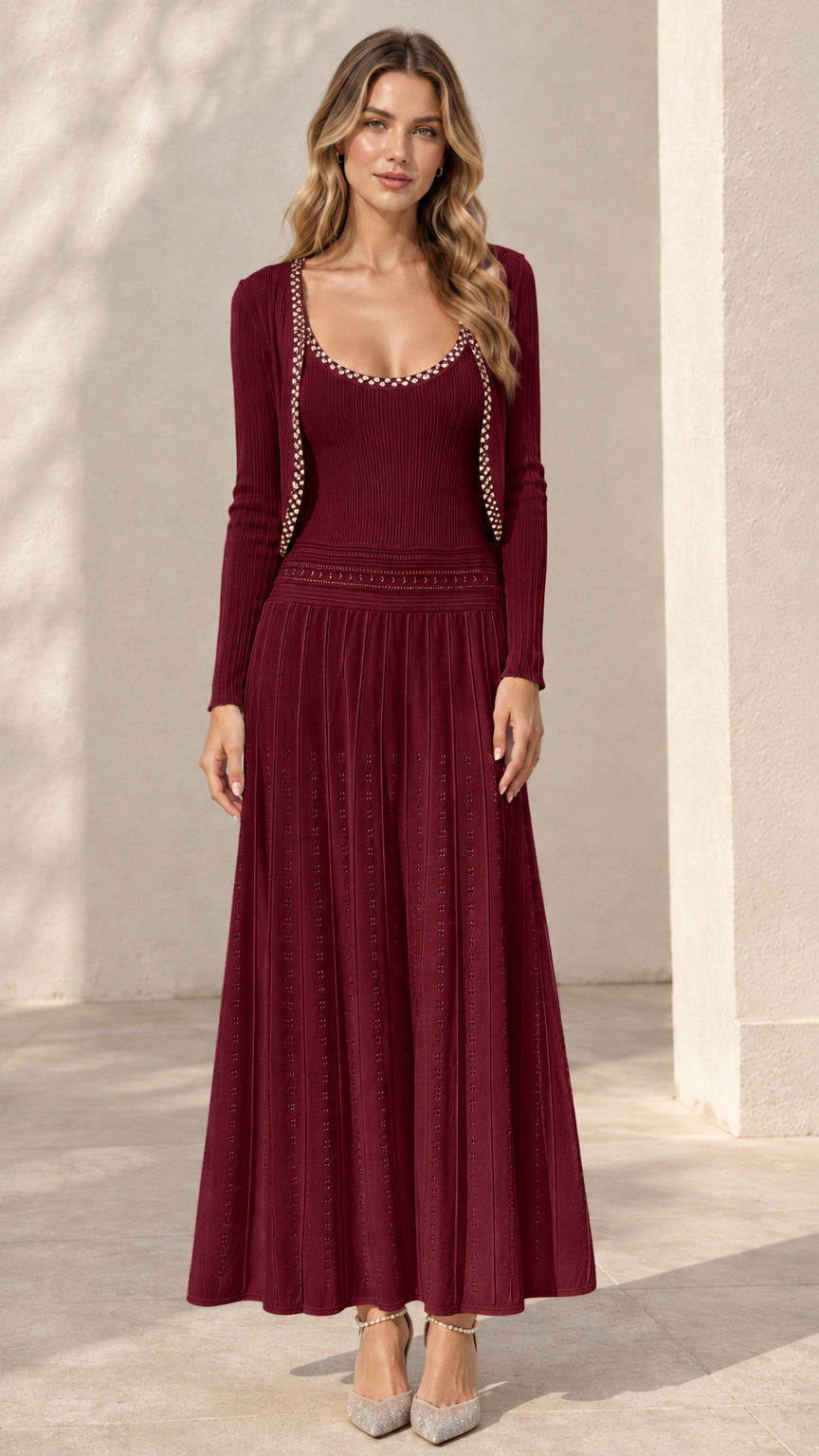 Burgundy wine ribbed knit maxi dress and cropped cardigan two-piece set