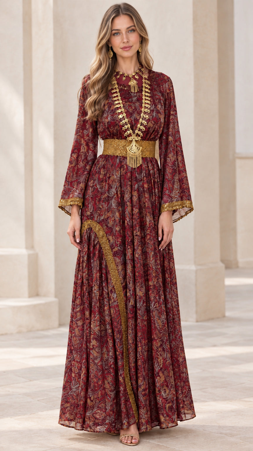 Burgundy wine vintage paisley long bell sleeve maxi dress