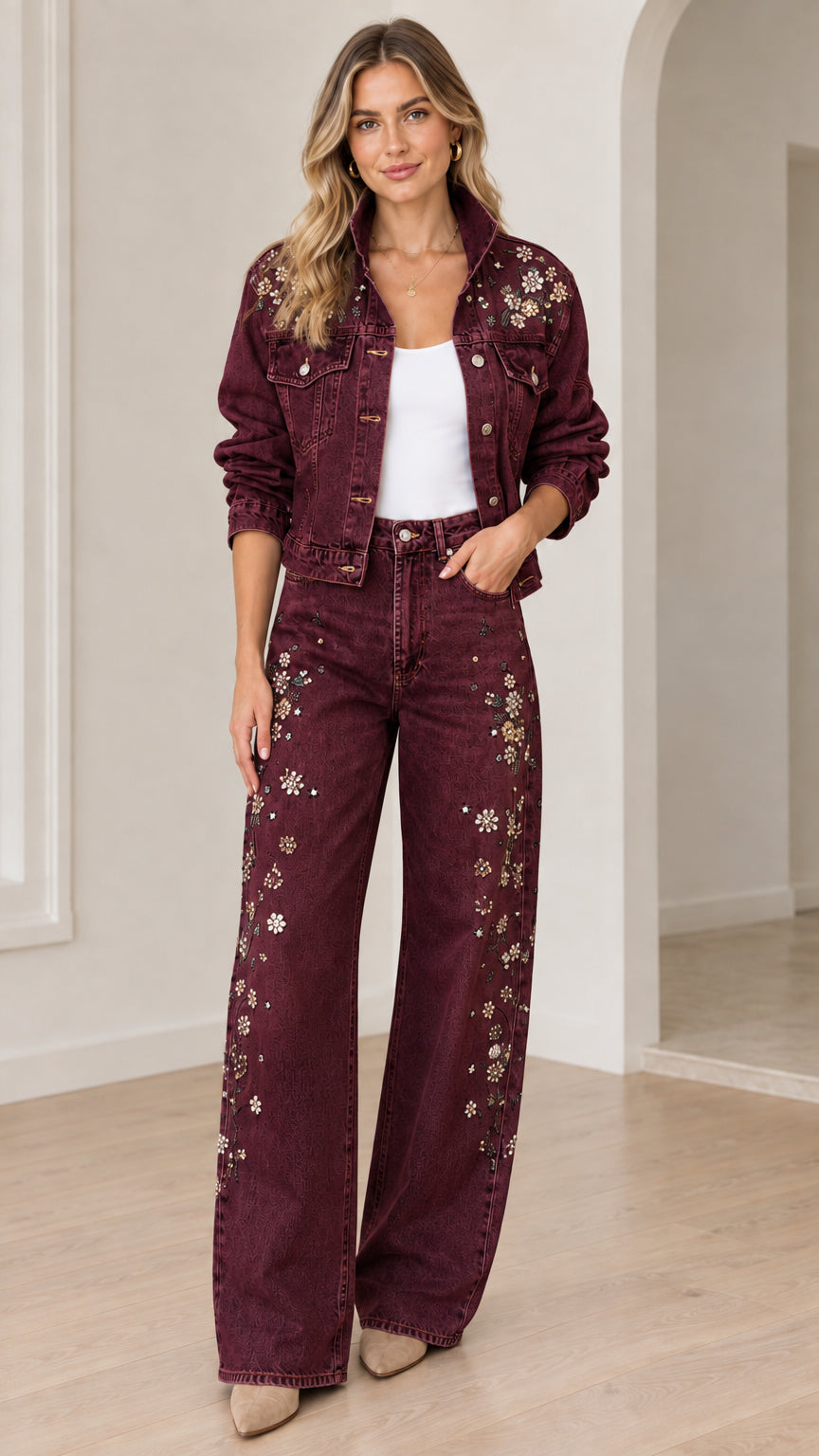 Model wearing burgundy wine floral embellished denim jacket and wide-leg pants set