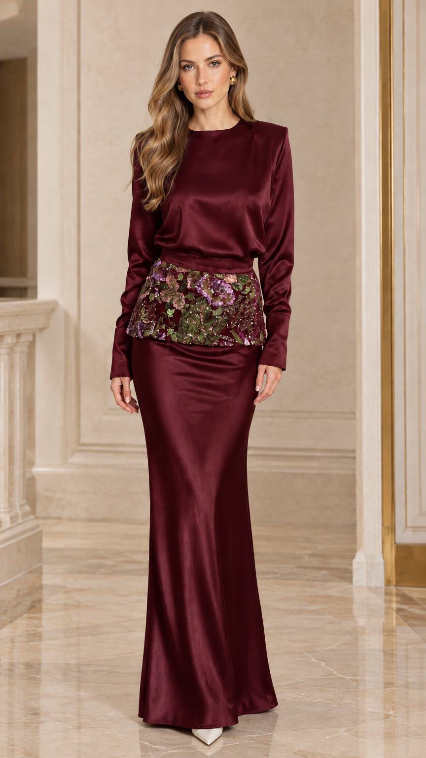 Burgundy wine red long sleeve satin formal gown with embellished floral waist