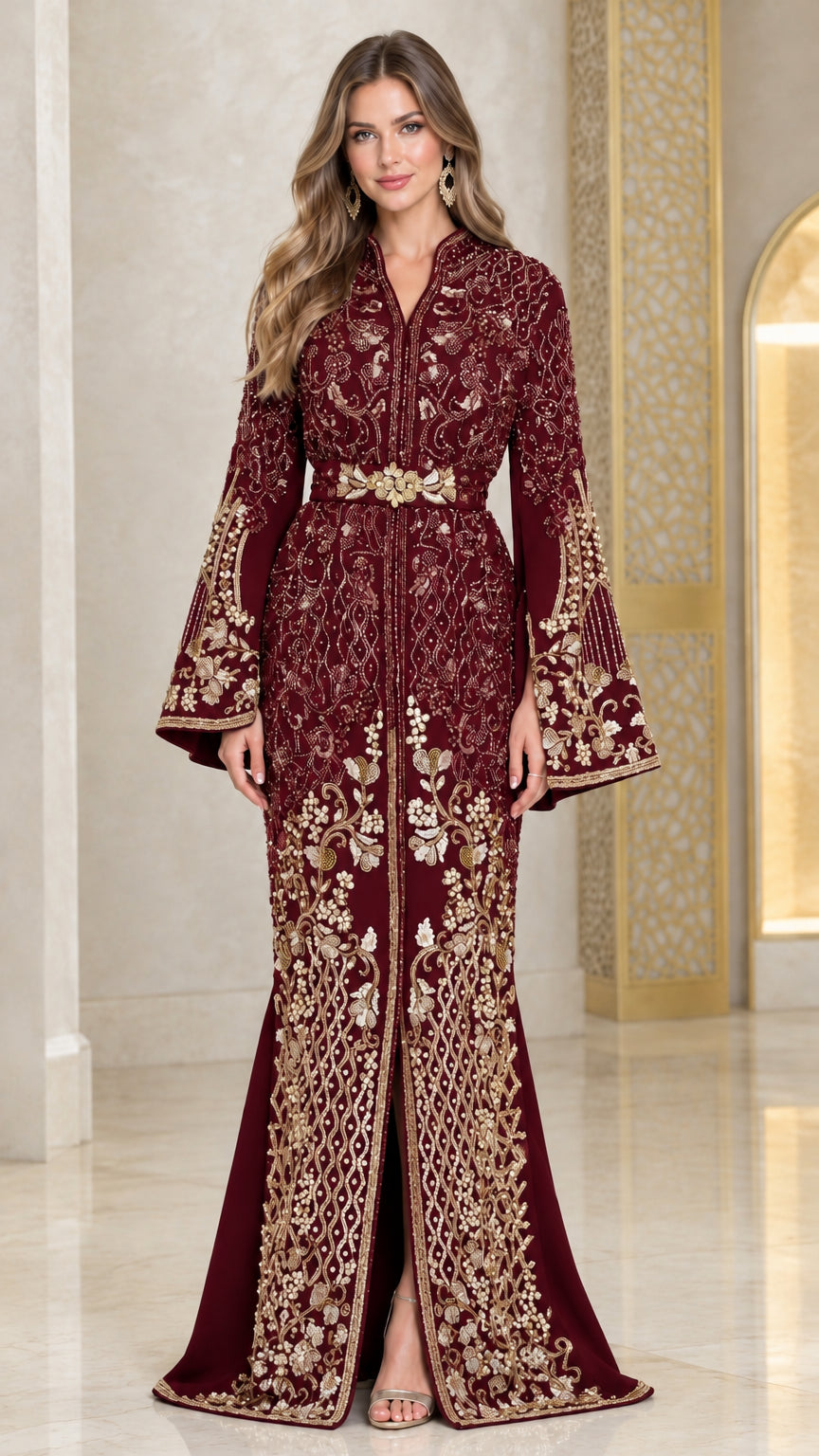 Burgundy embroidered evening caftan dress with gold floral embroidery