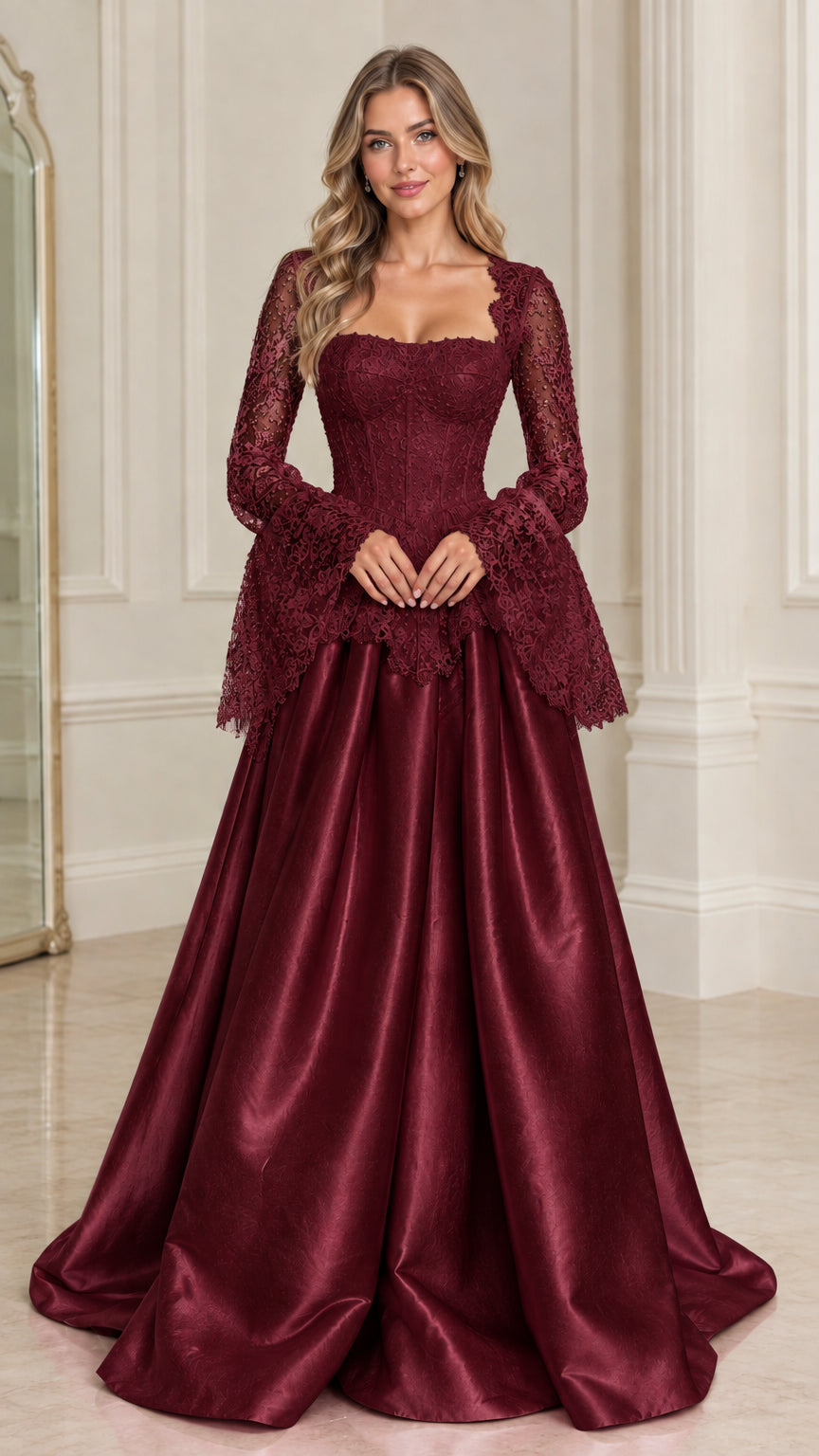 Model wearing burgundy red lace bell sleeve corset satin ball gown