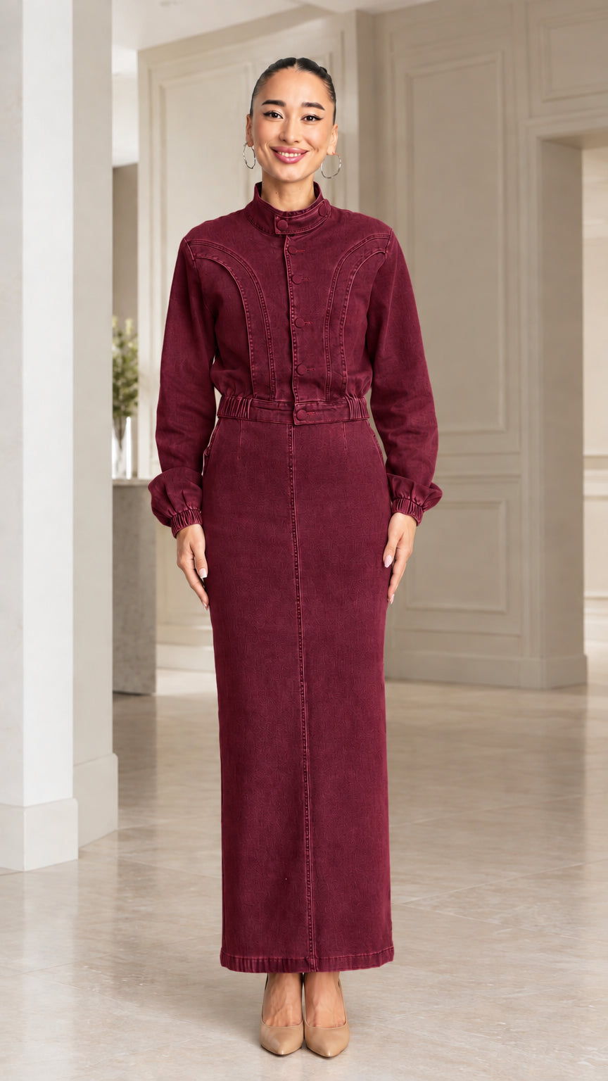 Full-length front view of model wearing Burgundy wine denim maxi dress