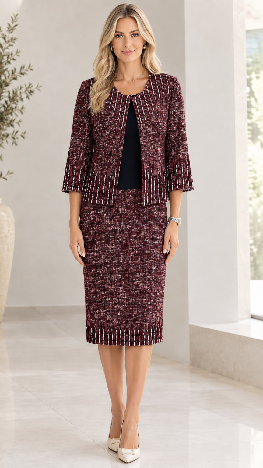 Front view of women wearing burgundy wine tweed two-piece skirt suit set