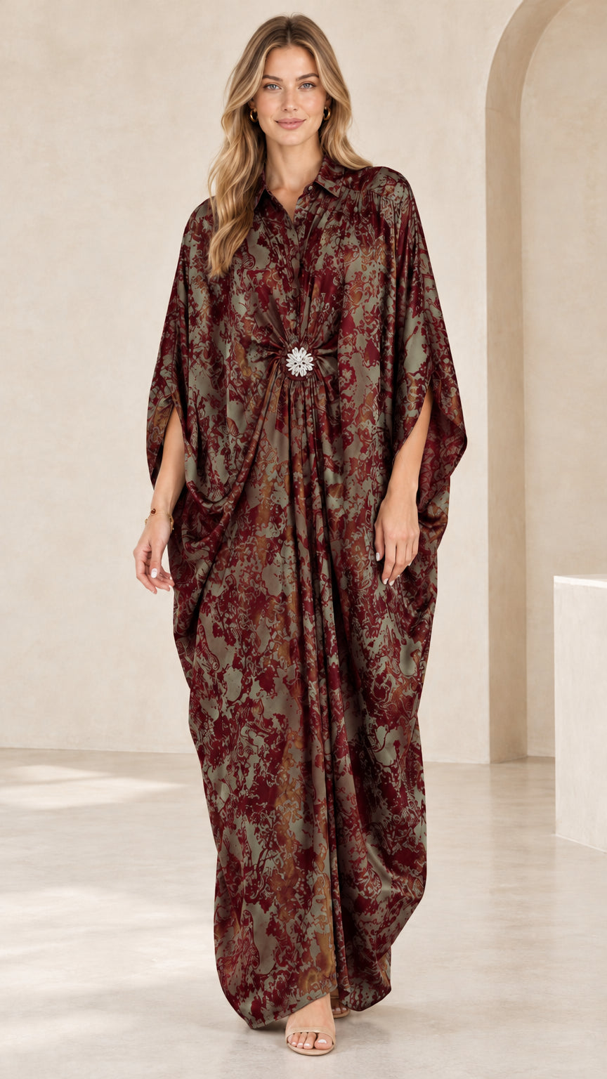 Burgundy wine red printed kaftan maxi dress with waist brooch