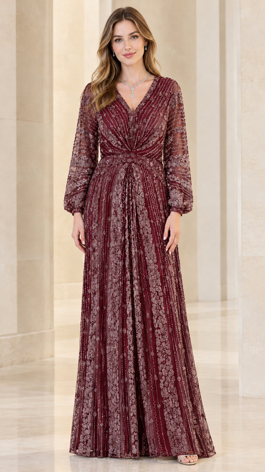 Burgundy wine embellished long sleeve floor-length gown