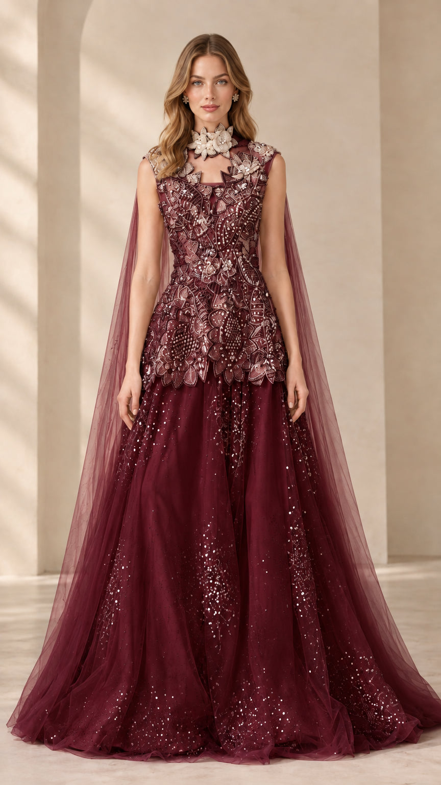Burgundy wine red floral beaded peplum formal gown with flowing cape